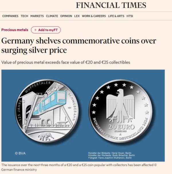 秒配网 银价高企 德国纪念币发行搁置